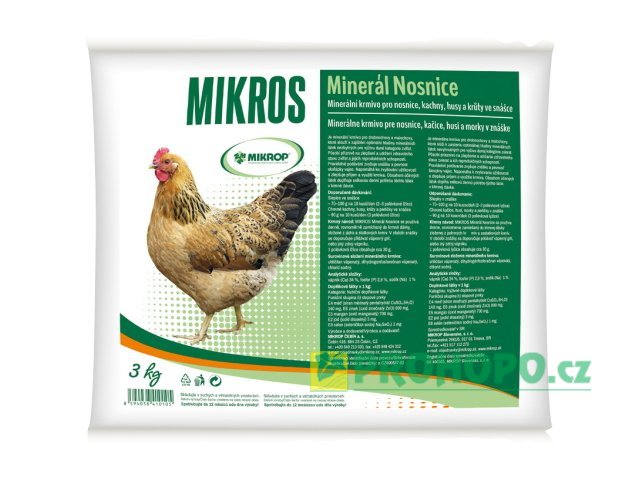 Mikros DN 3kg, doplňkové minerální krmivo pro nosnice, kachny, husy a krůty ve snášce